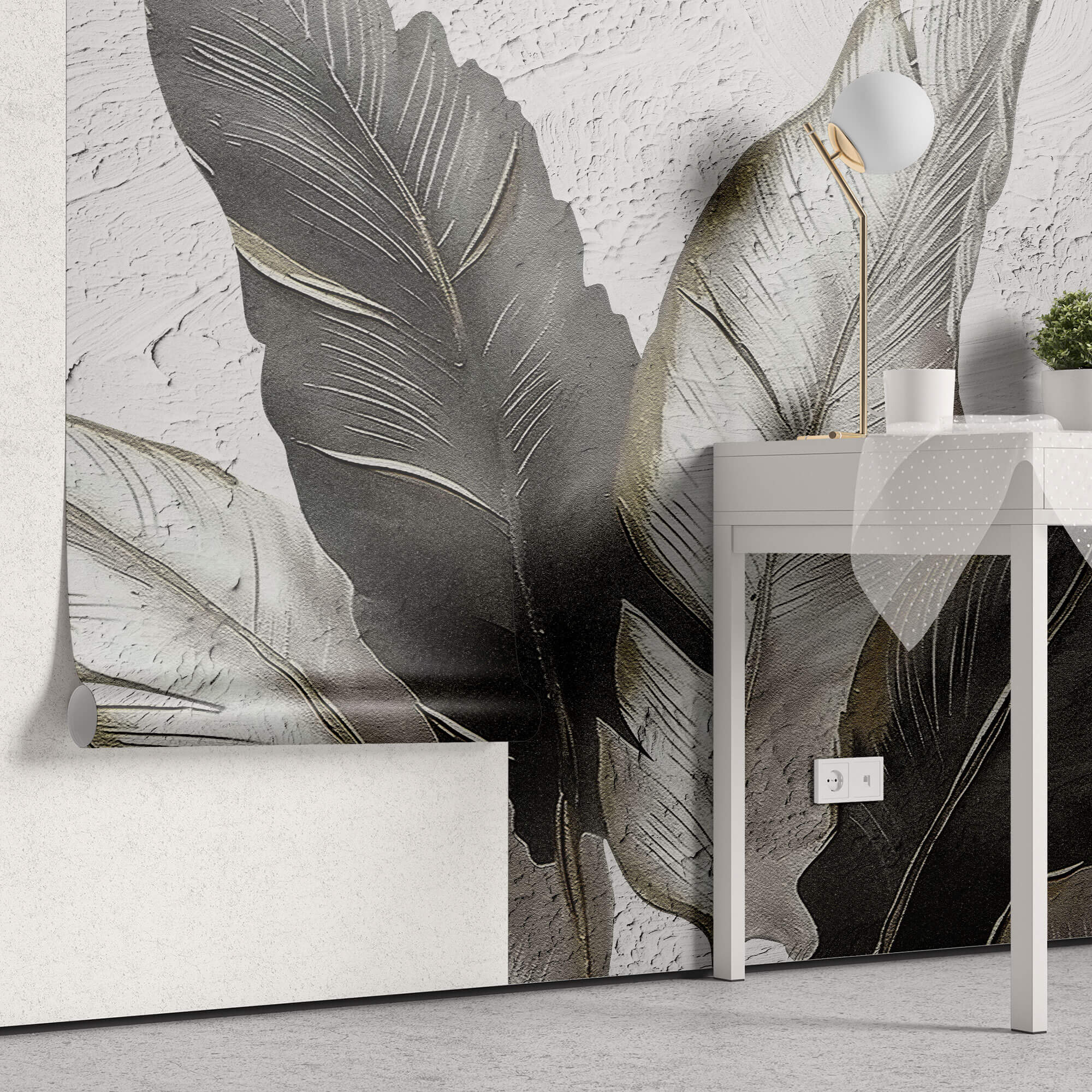 Tapet Personalizat Leaf cu pene gri si negre pe un fundal texturat stucco - ELEGANT STUCCO FEATHERS