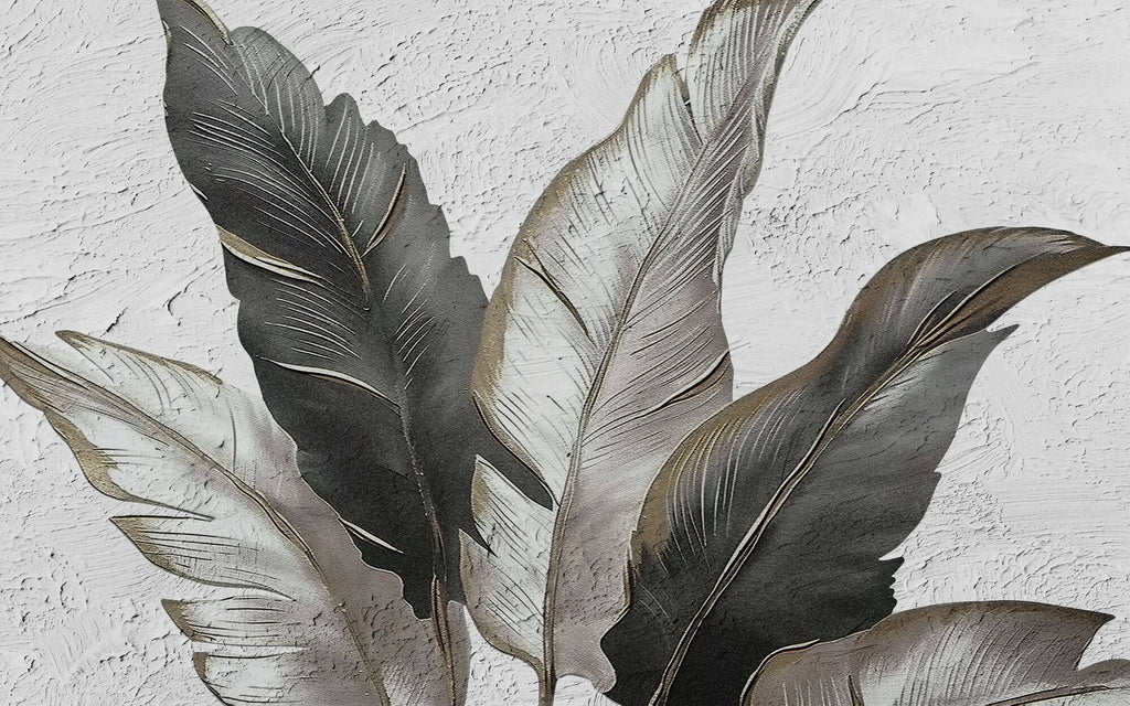 Tapet Personalizat Leaf cu pene gri si negre pe un fundal texturat stucco - ELEGANT STUCCO FEATHERS