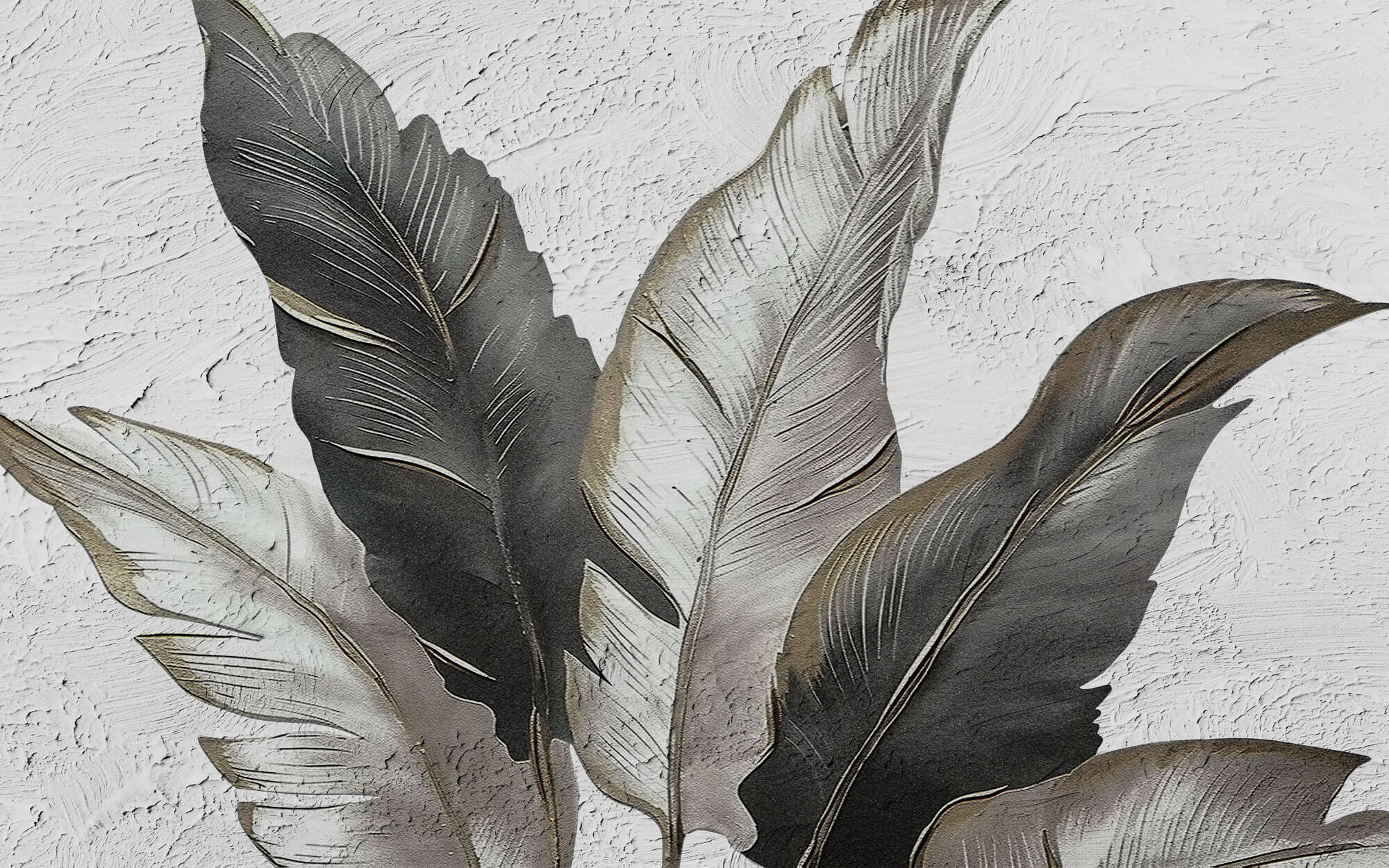 Tapet Personalizat Leaf cu pene gri si negre pe un fundal texturat stucco - ELEGANT STUCCO FEATHERS