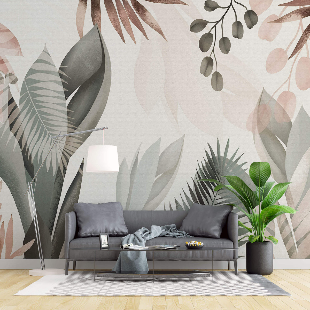 Tapet Personalizat Leaf cu frunze in culori pastel pe un fundal texturat - SERENITY PINK