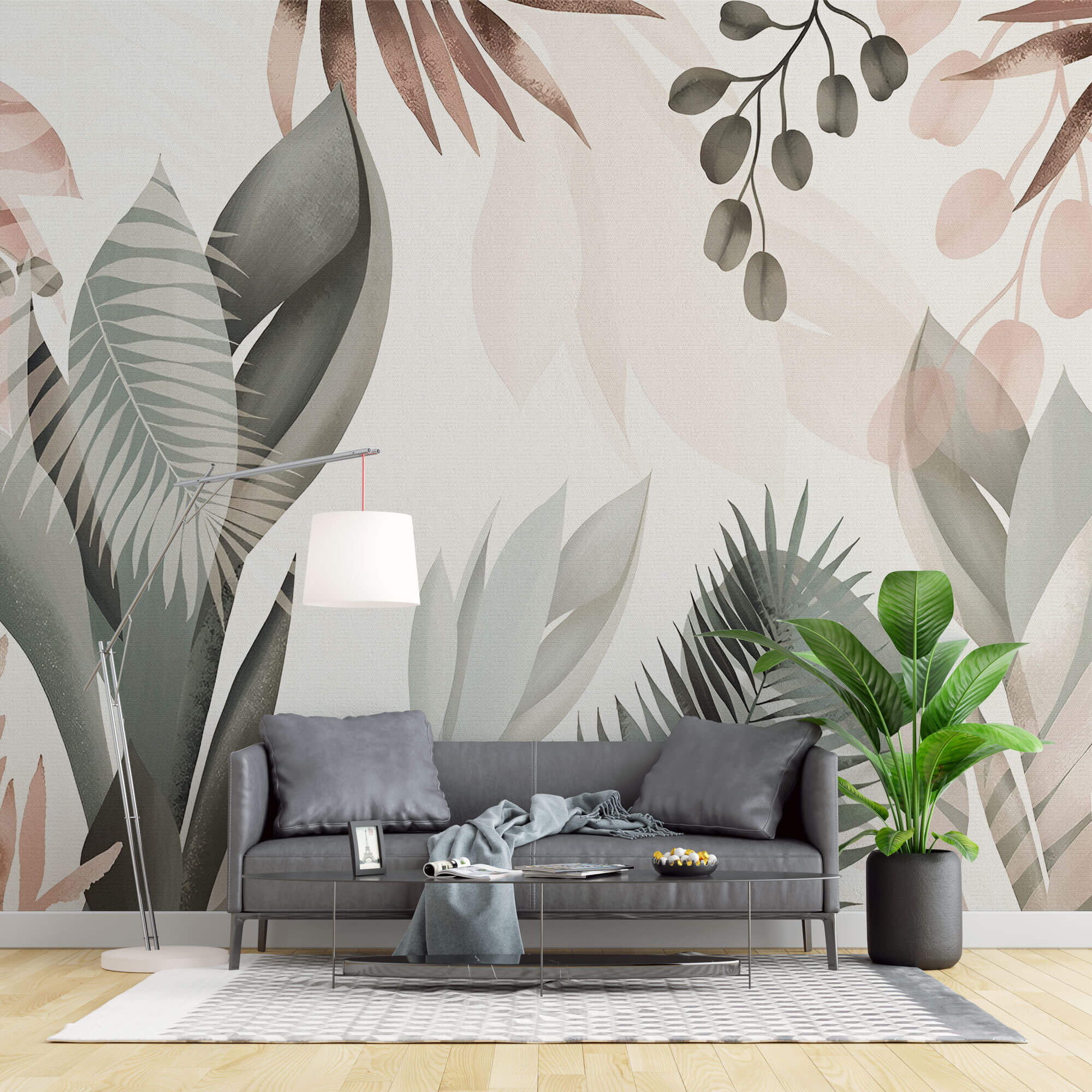 Tapet Personalizat Leaf cu frunze in culori pastel pe un fundal texturat - SERENITY PINK