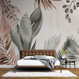 Tapet Personalizat Leaf cu frunze in culori pastel pe un fundal texturat - SERENITY PINK