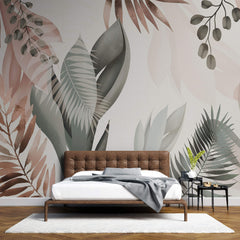 Tapet Personalizat Leaf cu frunze in culori pastel pe un fundal texturat - SERENITY PINK