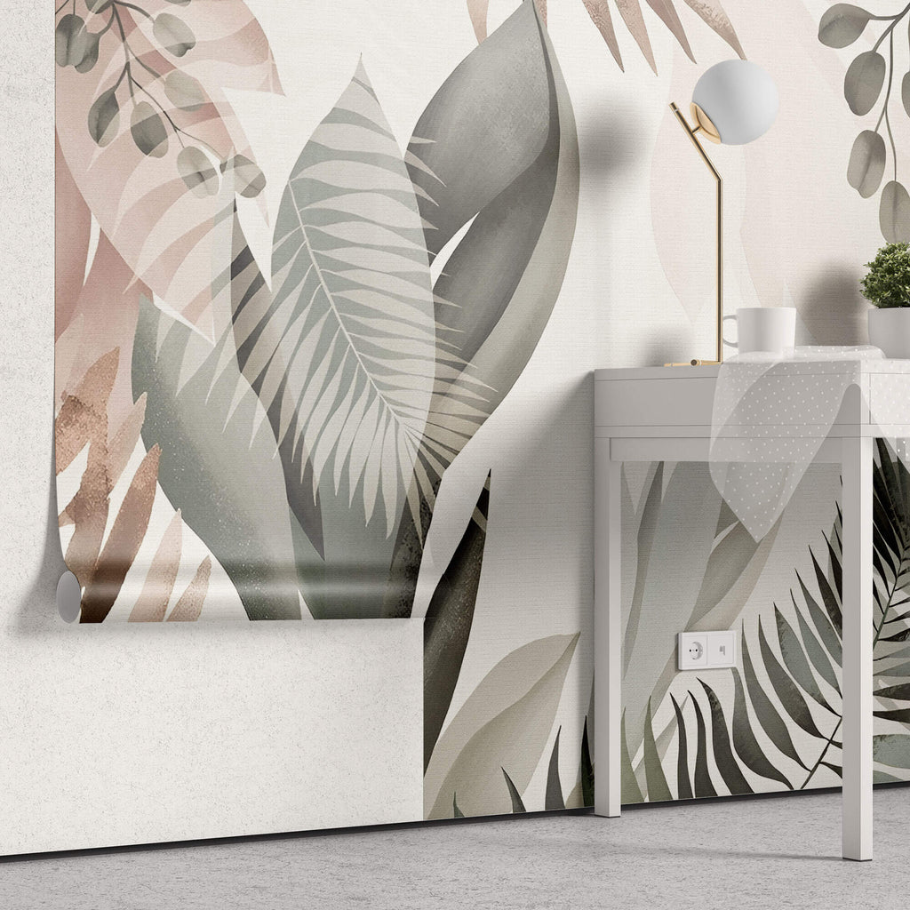Tapet Personalizat Leaf cu frunze in culori pastel pe un fundal texturat - SERENITY PINK