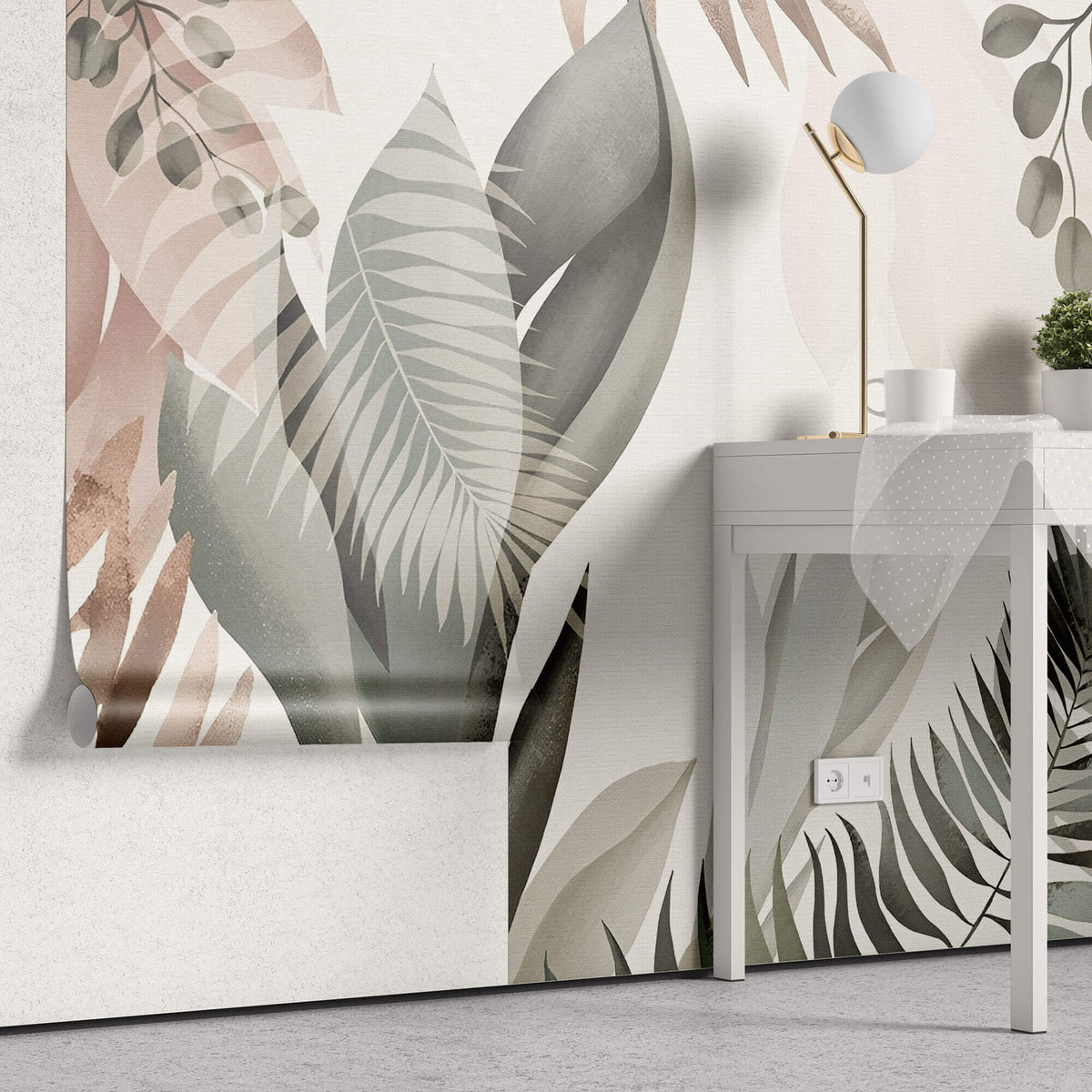 Tapet Personalizat Leaf cu frunze in culori pastel pe un fundal texturat - SERENITY PINK