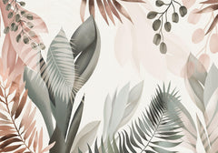 Tapet Personalizat Leaf cu frunze in culori pastel pe un fundal texturat - SERENITY PINK