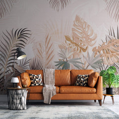 Tapet Personalizat Leaf cu frunze roz pastel intr-un fundal texturat - PAPER LIKE TROPICAL