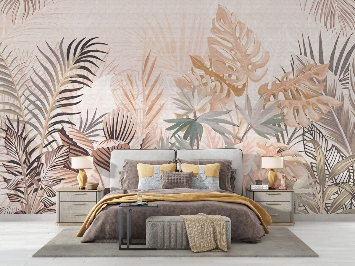 Tapet Personalizat Leaf cu frunze roz pastel intr-un fundal texturat - PAPER LIKE TROPICAL