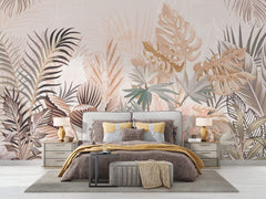 Tapet Personalizat Leaf cu frunze roz pastel intr-un fundal texturat - PAPER LIKE TROPICAL