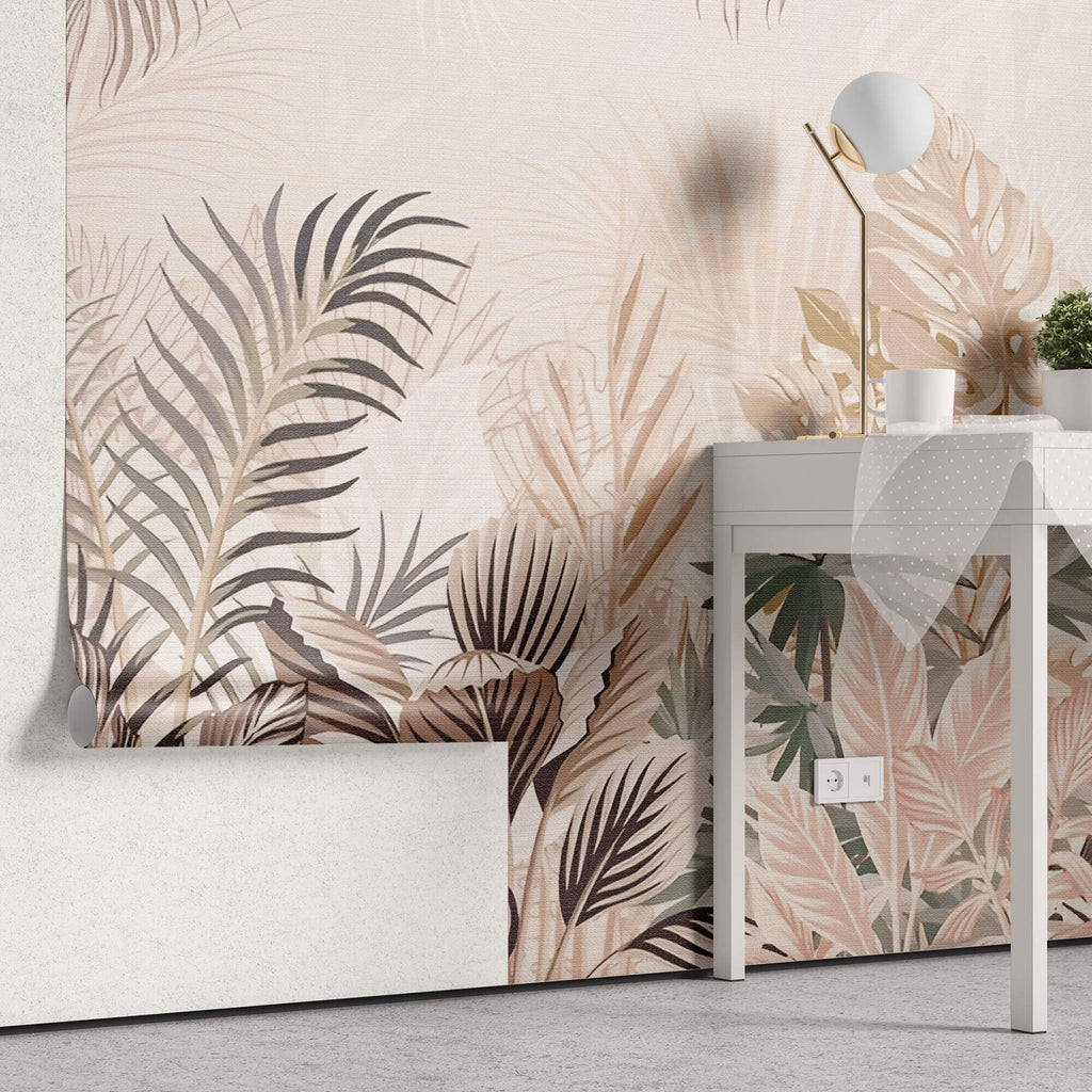 Tapet Personalizat Leaf cu frunze roz pastel intr-un fundal texturat - PAPER LIKE TROPICAL