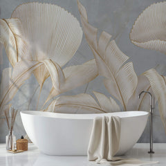 Tapet Personalizat Leaf cu frunze albe cu insertii aurii pe un fundal gri-albastrui - REFINED LEAVES