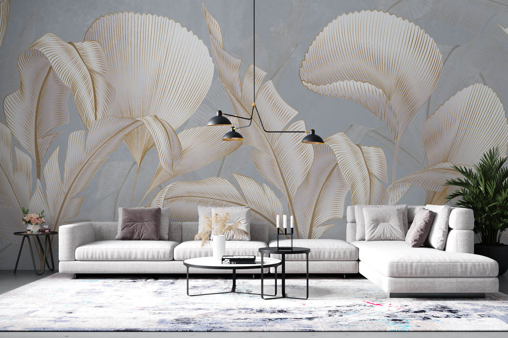 Tapet Personalizat Leaf cu frunze albe cu insertii aurii pe un fundal gri-albastrui - REFINED LEAVES