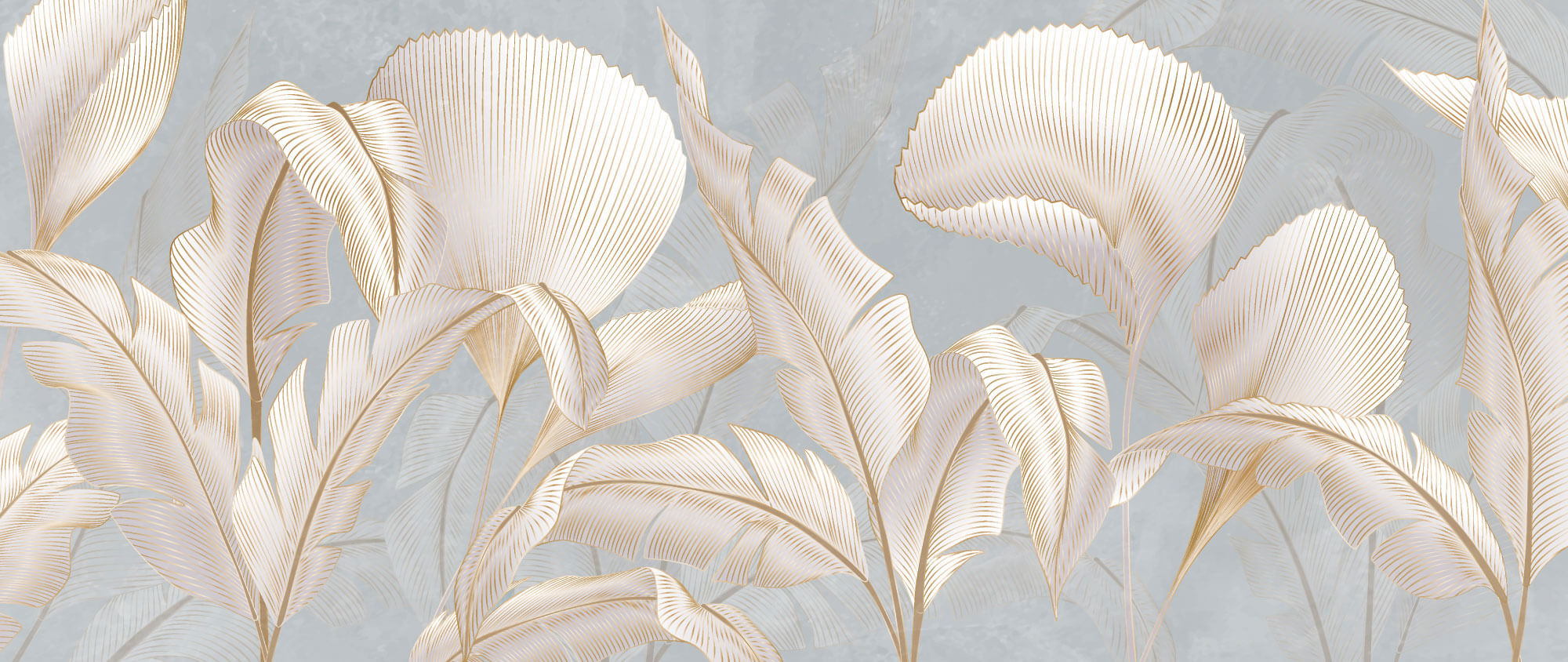 Tapet Personalizat Leaf cu frunze albe cu insertii aurii pe un fundal gri-albastrui - REFINED LEAVES