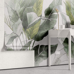 Tapet Personalizat Leaf cu frunze verzi tropicale pe un fundal alb texturat - TROPICAL FADE