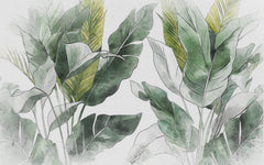 Tapet Personalizat Leaf cu frunze verzi tropicale pe un fundal alb texturat - TROPICAL FADE