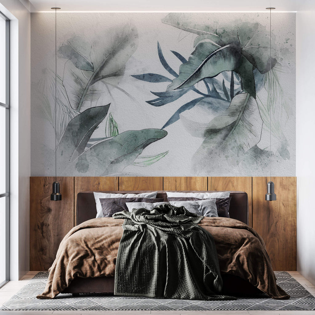 Tapet Personalizat Leaf cu frunze verzi si ablastrui tropicale pe un fundal alb texturat - TAINTED INK LEAVES