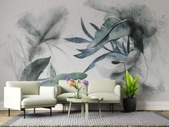 Tapet Personalizat Leaf cu frunze verzi si ablastrui tropicale pe un fundal alb texturat - TAINTED INK LEAVES