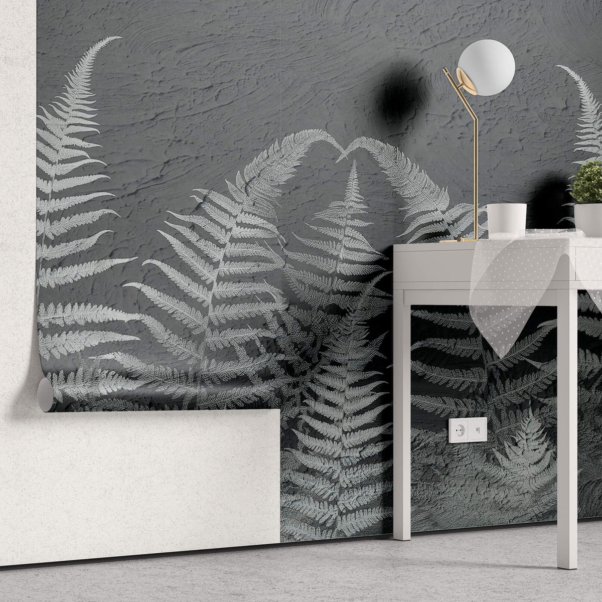 Tapet Personalizat Leaf cu frunze de feriga pe un fundal de stucco - STUCCO FERN