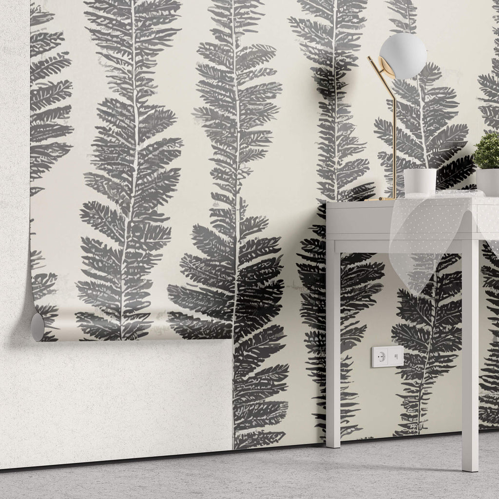 Tapet Personalizat Leaf cu model abstract de frunze gri - FERN STRINGS
