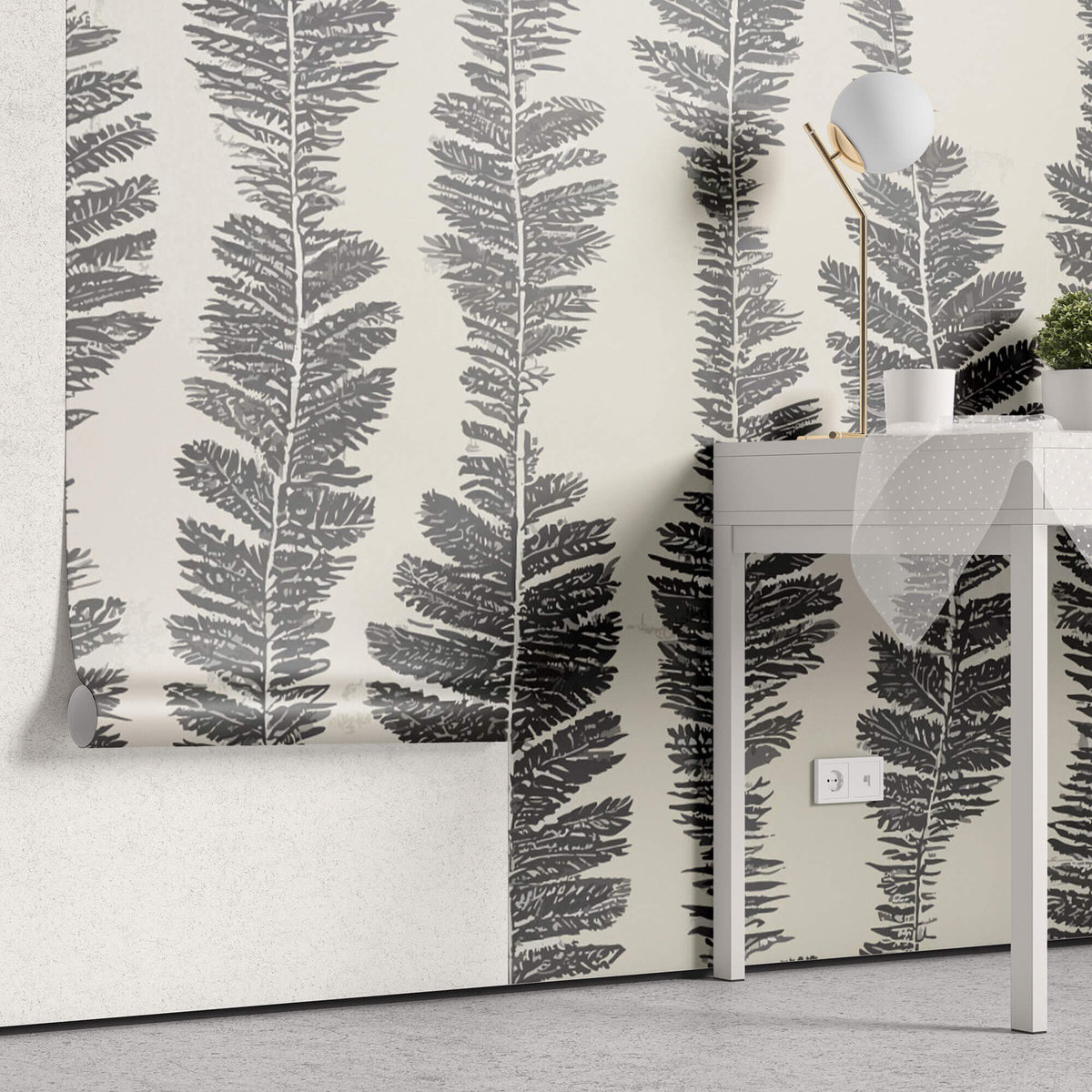 Tapet Personalizat Leaf cu model abstract de frunze gri - FERN STRINGS