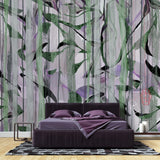 Tapet Personalizat Leaf cu frunze verzi si fundal mov cu model abstract - LILAC DRAPES