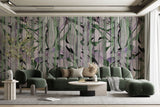Tapet Personalizat Leaf cu frunze verzi si fundal mov cu model abstract - LILAC DRAPES