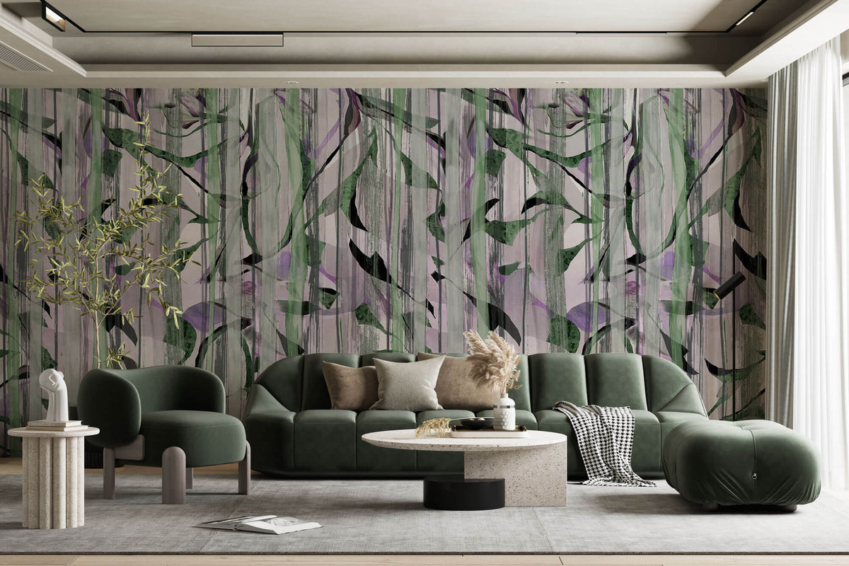 Tapet Personalizat Leaf cu frunze verzi si fundal mov cu model abstract - LILAC DRAPES