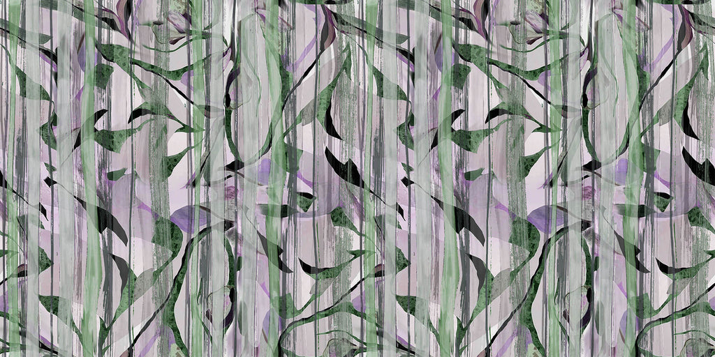 Tapet Personalizat Leaf cu frunze verzi si fundal mov cu model abstract - LILAC DRAPES