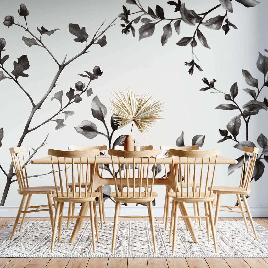 Tapet Personalizat Leaf cu frunze de stejar in alb negru - OAK MINIMALIST LEAVES
