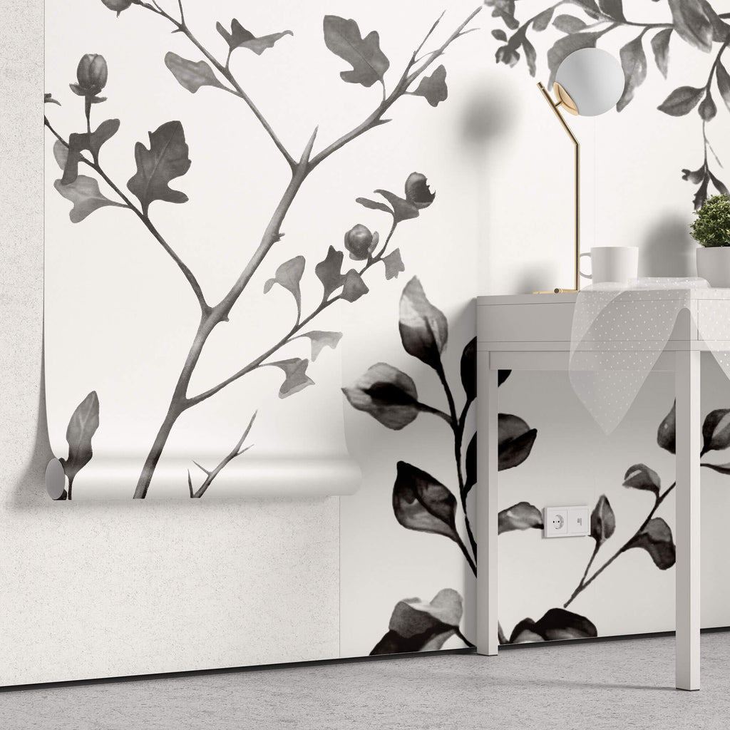 Tapet Personalizat Leaf cu frunze de stejar in alb negru - OAK MINIMALIST LEAVES