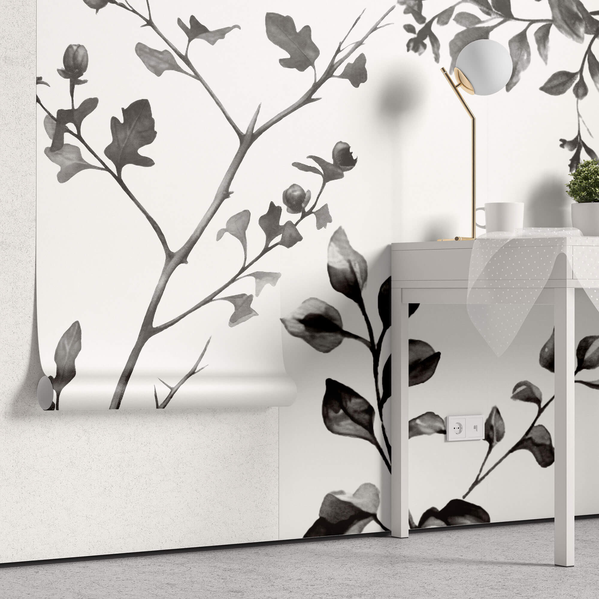 Tapet Personalizat Leaf cu frunze de stejar in alb negru - OAK MINIMALIST LEAVES