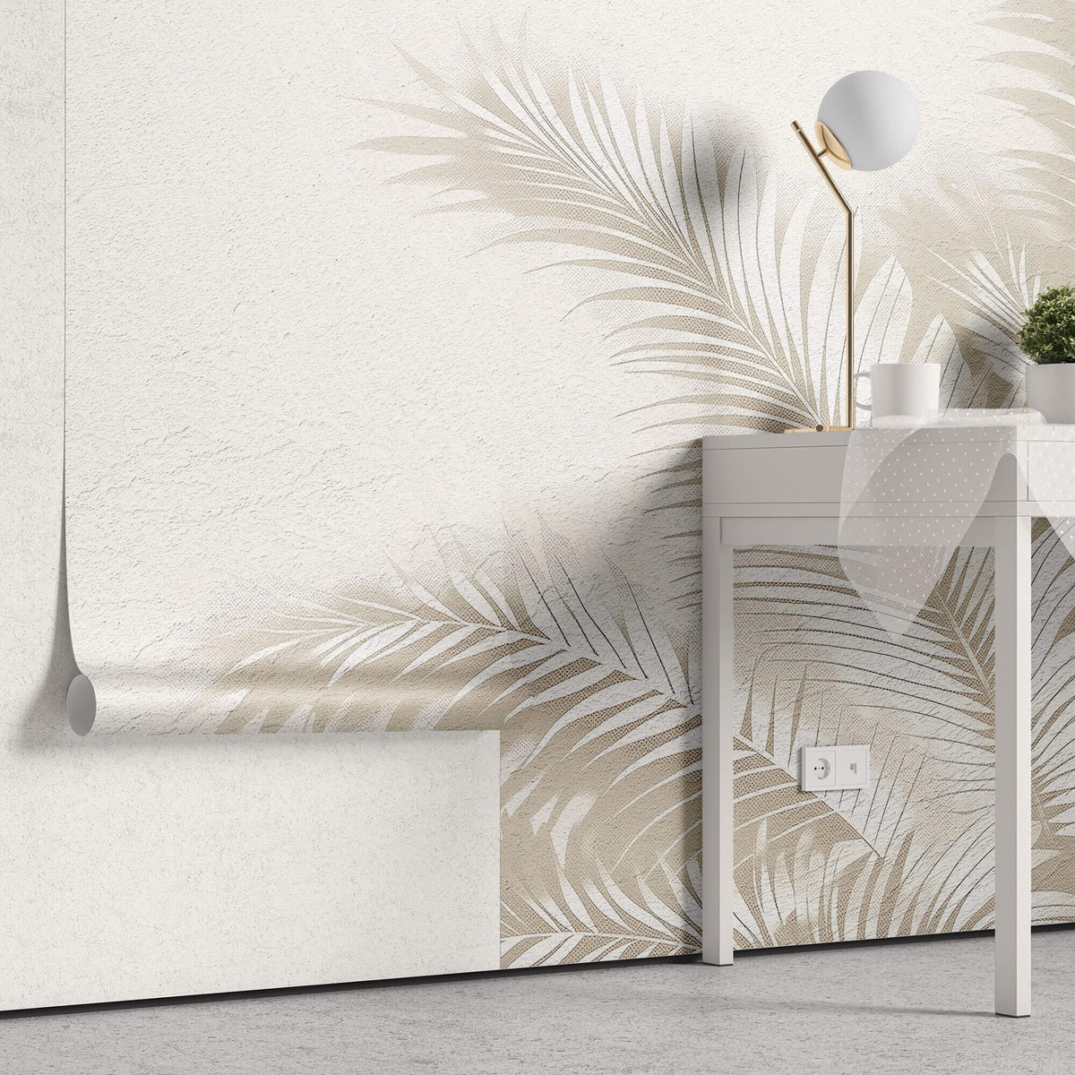 Tapet Personalizat Leaf cu frunze de palmier albe intr-un fundal bej - SPRAY PALMS
