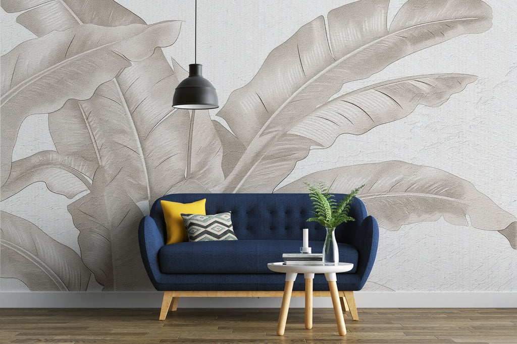 Tapet Personalizat Leaf cu frunze bej de bananier pe un fundal de plaster - DOTS BANANA LEAVES