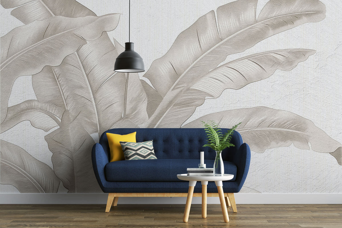 Tapet Personalizat Leaf cu frunze bej de bananier pe un fundal de plaster - DOTS BANANA LEAVES