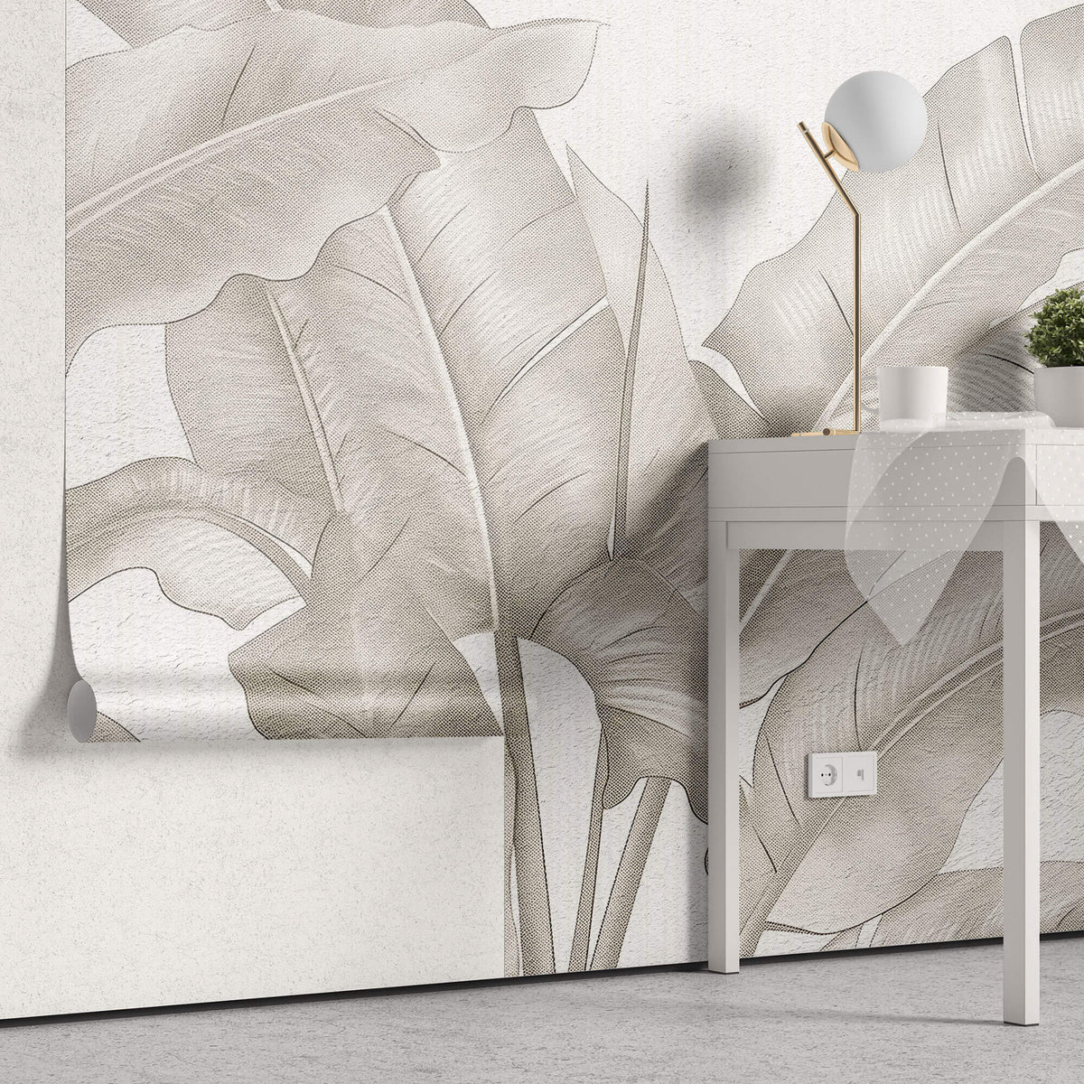 Tapet Personalizat Leaf cu frunze bej de bananier pe un fundal de plaster - DOTS BANANA LEAVES