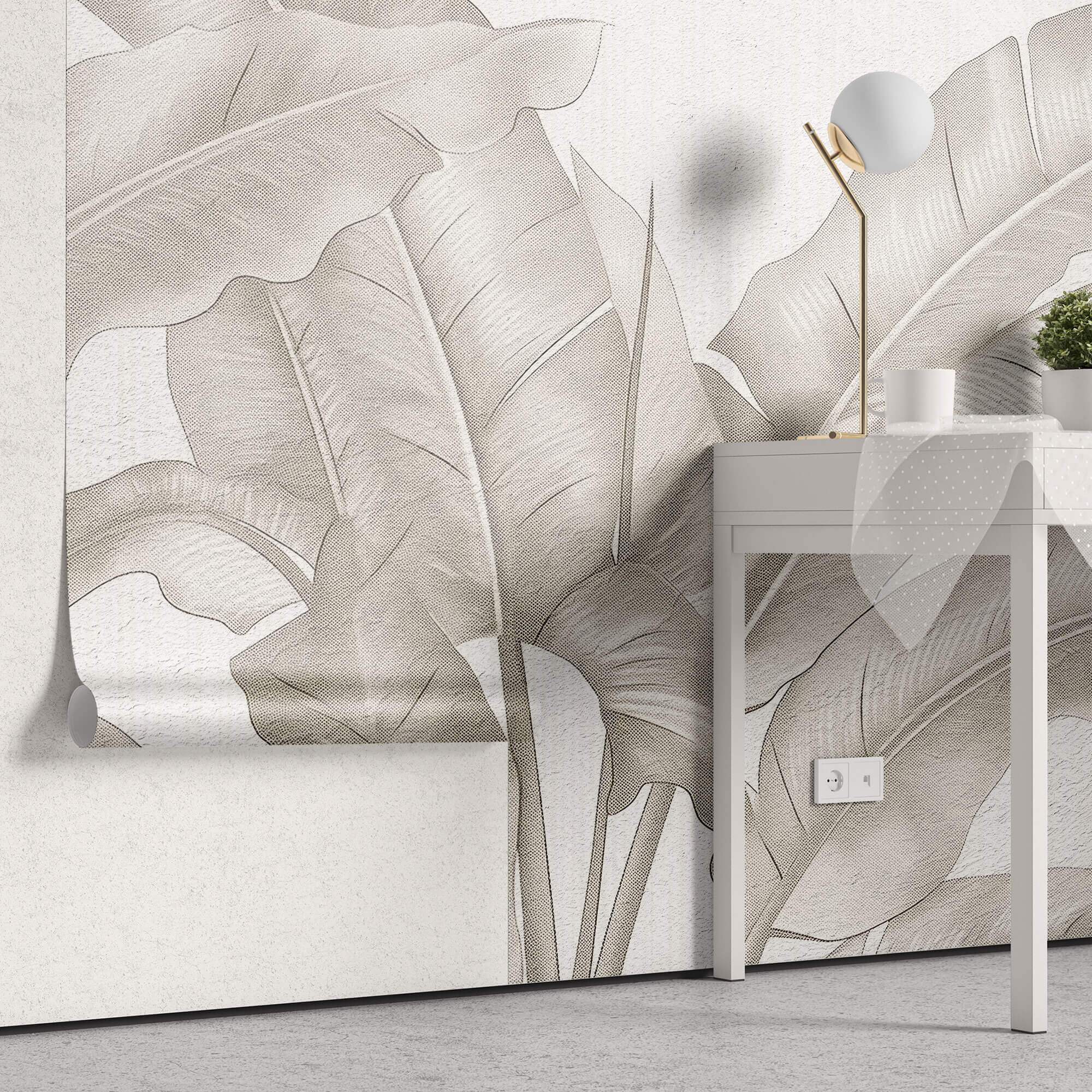 Tapet Personalizat Leaf cu frunze bej de bananier pe un fundal de plaster - DOTS BANANA LEAVES