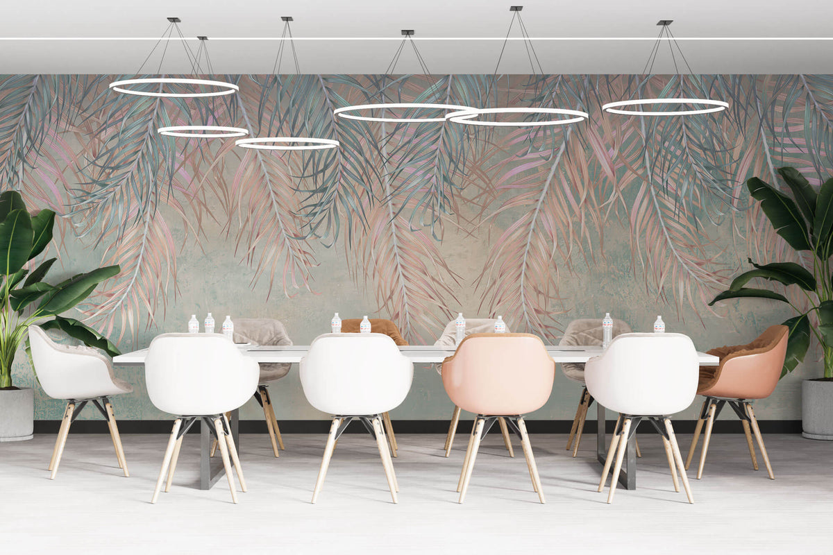 Tapet Personalizat Leaf cu frunze multicolore de palmier in nuante de roz si verde - PINKY BLUE TALES