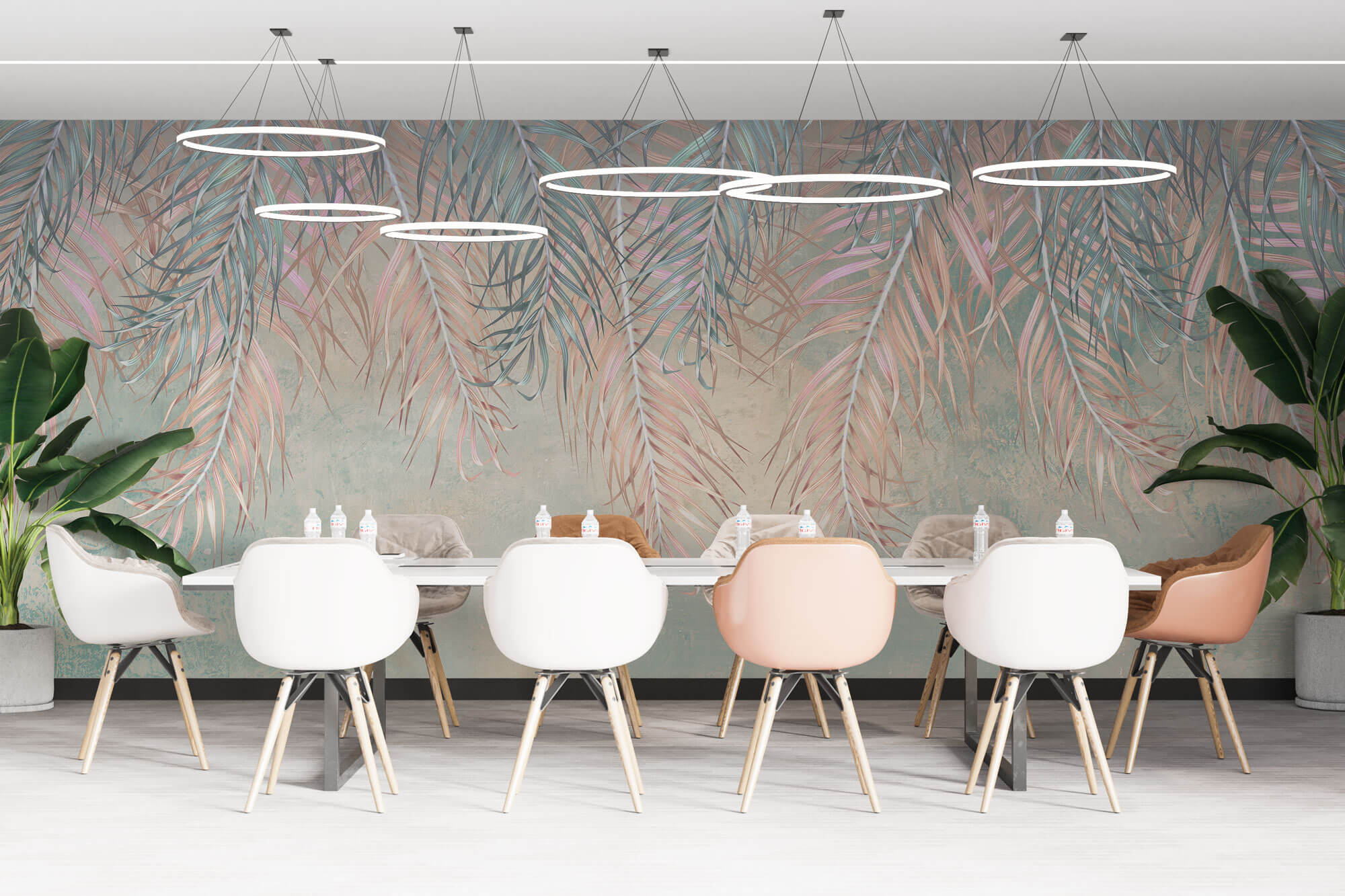 Tapet Personalizat Leaf cu frunze multicolore de palmier in nuante de roz si verde - PINKY BLUE TALES