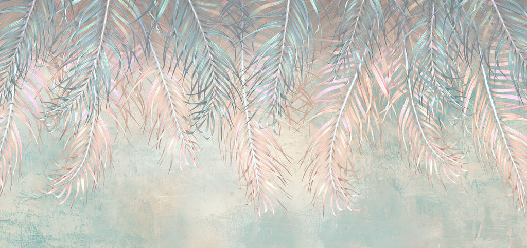 Tapet Personalizat Leaf cu frunze multicolore de palmier in nuante de roz si verde - PINKY BLUE TALES