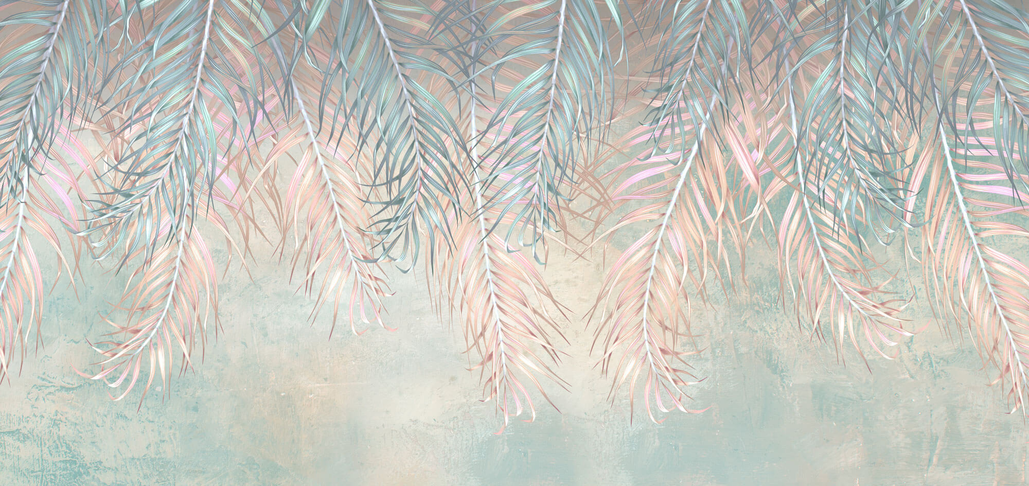 Tapet Personalizat Leaf cu frunze multicolore de palmier in nuante de roz si verde - PINKY BLUE TALES