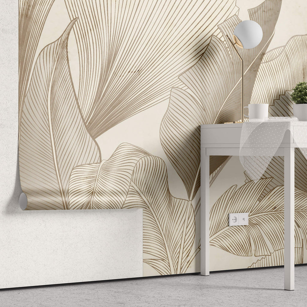 Tapet Personalizat Leaf cu frunze abstracte texturate in nuante de bej - VINTAGE LINE LEAVES