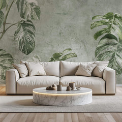 Tapet Personalizat Leaf cu frunze verzi de monstera pe un fundal texturat - WHITE MONSTERA WALL