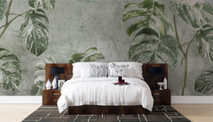 Tapet Personalizat Leaf cu frunze verzi de monstera pe un fundal texturat - WHITE MONSTERA WALL