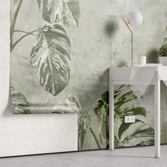 Tapet Personalizat Leaf cu frunze verzi de monstera pe un fundal texturat - WHITE MONSTERA WALL