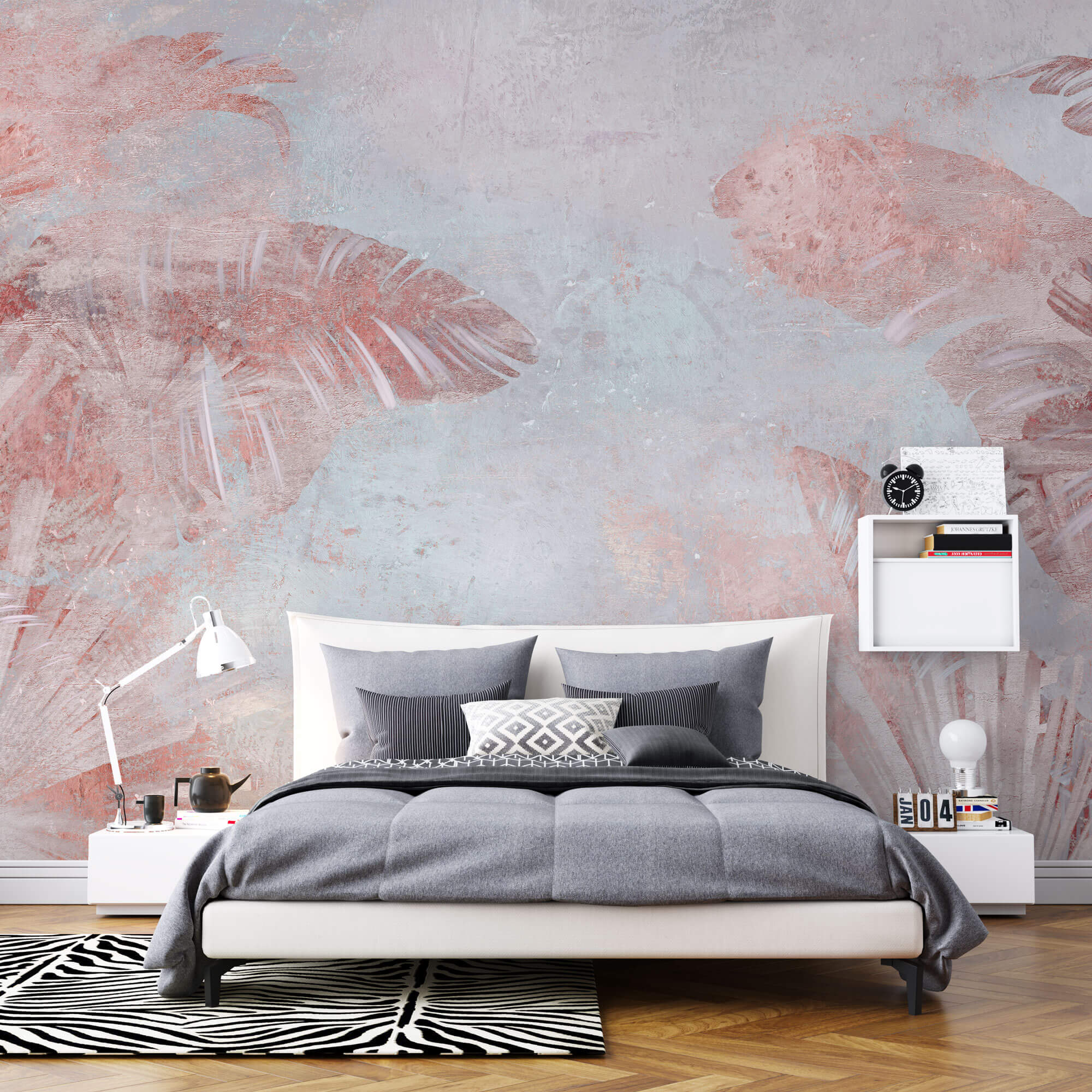 Tapet Personalizat Leaf cu frunze tropicale in nuante de roz si fundal texturat - PINK LEAF WALL