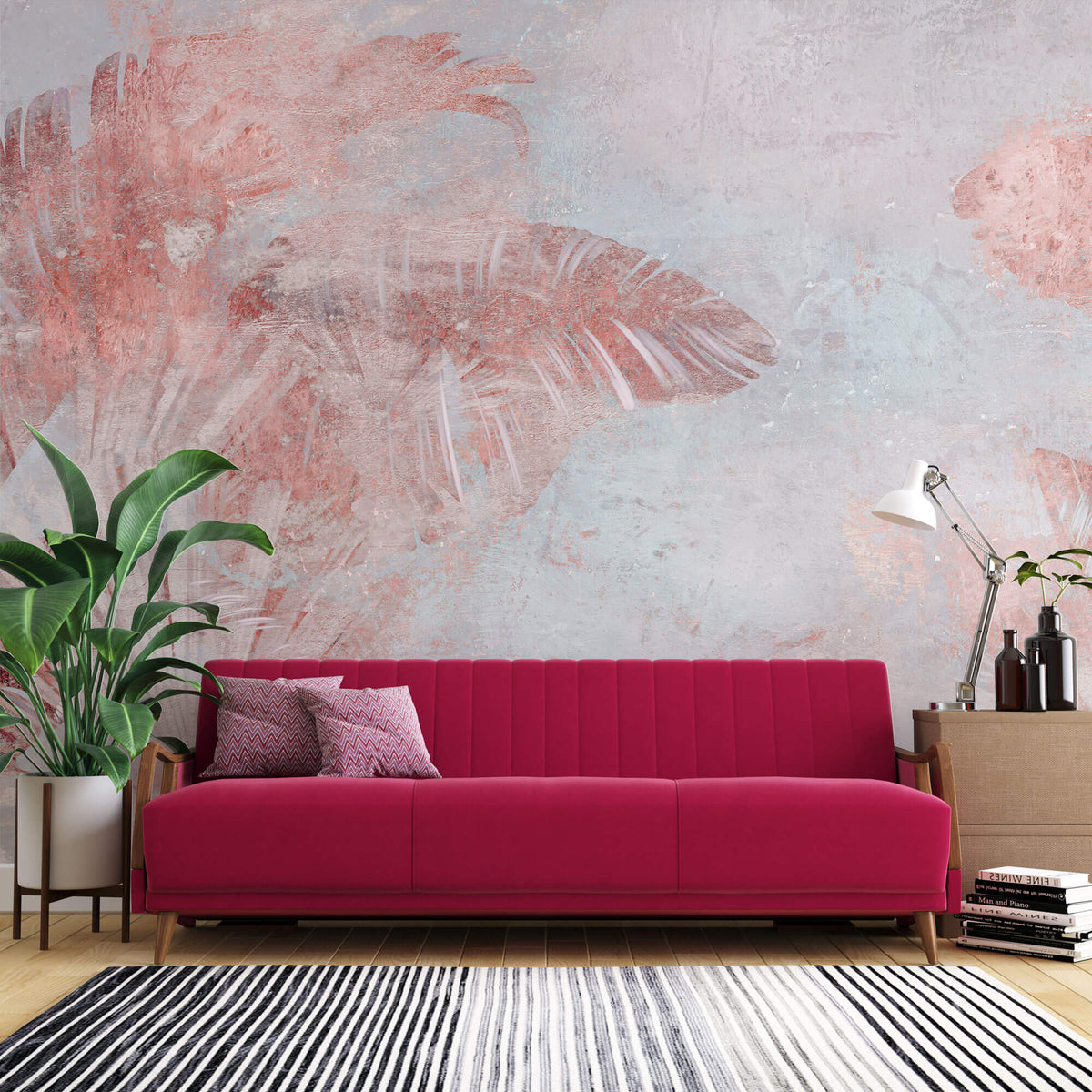 Tapet Personalizat Leaf cu frunze tropicale in nuante de roz si fundal texturat - PINK LEAF WALL