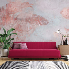 Tapet Personalizat Leaf cu frunze tropicale in nuante de roz si fundal texturat - PINK LEAF WALL