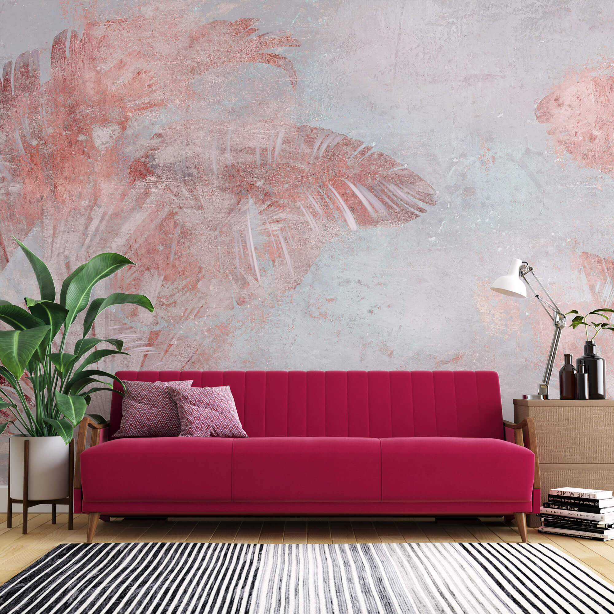 Tapet Personalizat Leaf cu frunze tropicale in nuante de roz si fundal texturat - PINK LEAF WALL