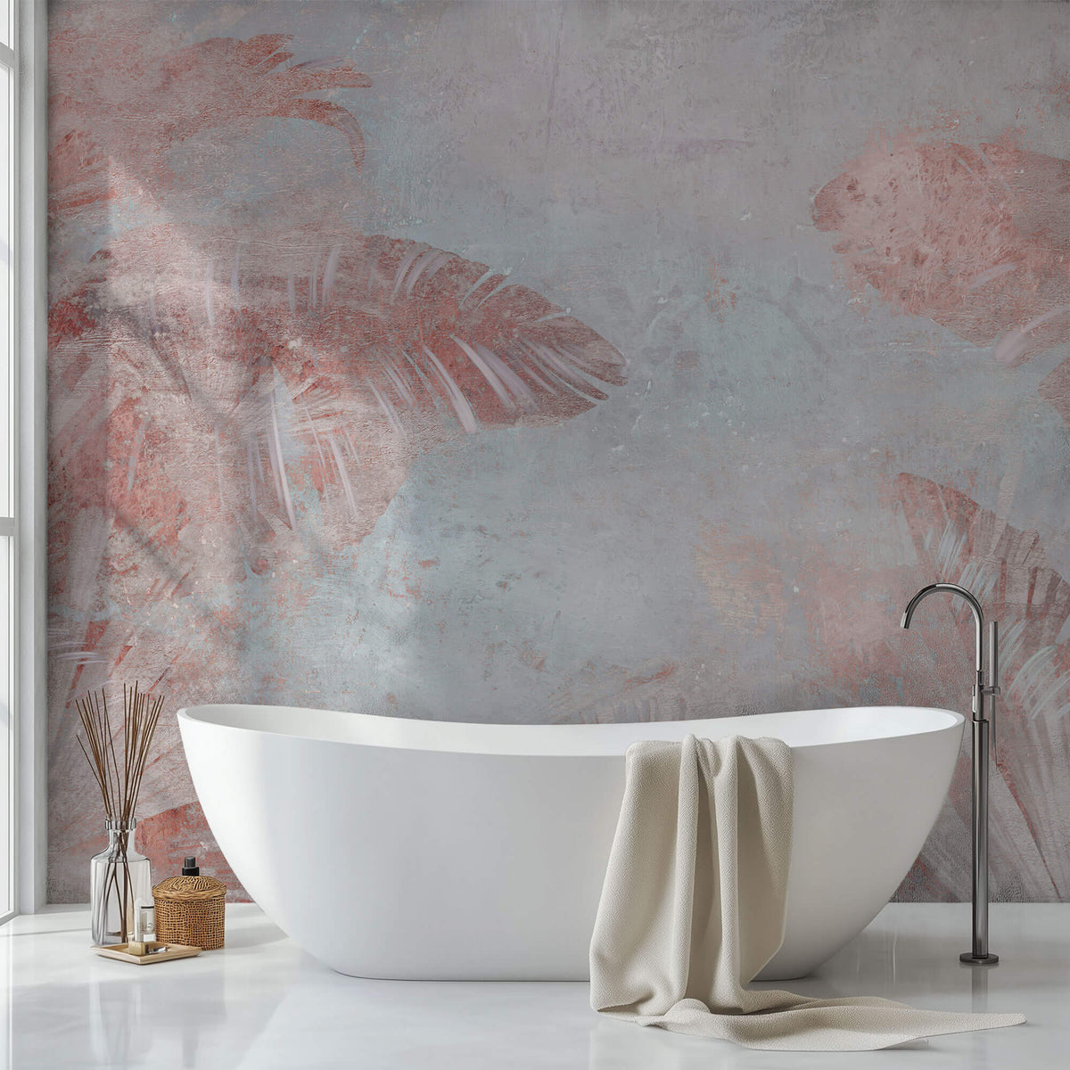 Tapet Personalizat Leaf cu frunze tropicale in nuante de roz si fundal texturat - PINK LEAF WALL