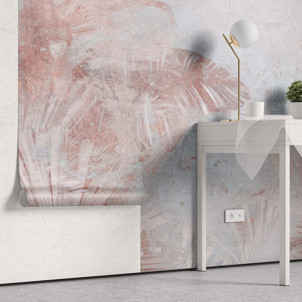 Tapet Personalizat Leaf cu frunze tropicale in nuante de roz si fundal texturat - PINK LEAF WALL